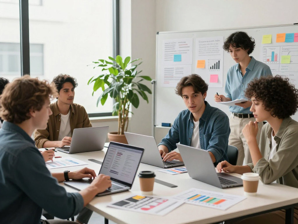 Engaged professionals discussing online promotion strategies in a bright co-working space.