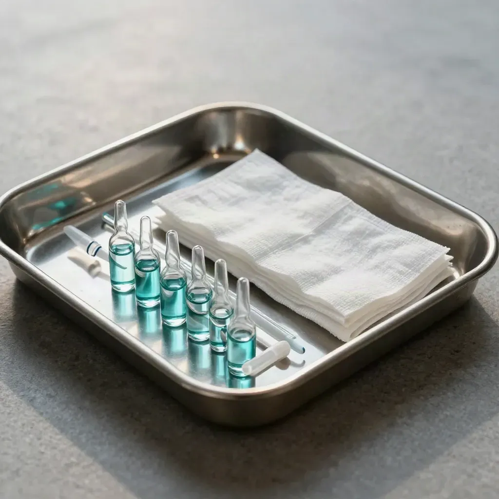 Medical tray with vials, gauze packs and ampoule holder in cool clinical light.