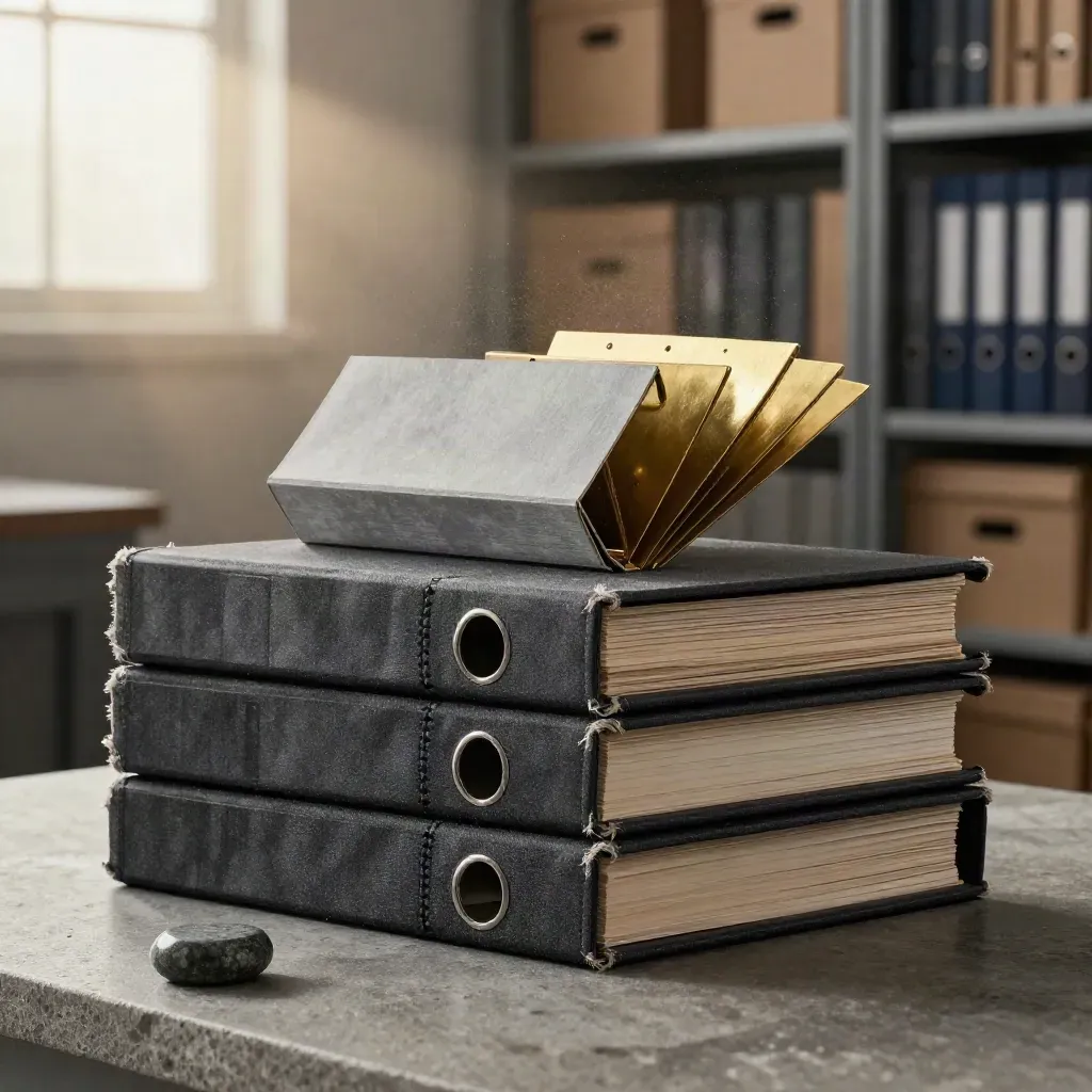 Charcoal archive binders, open file box, brass dividers and stone paperweight in dramatic soft light.