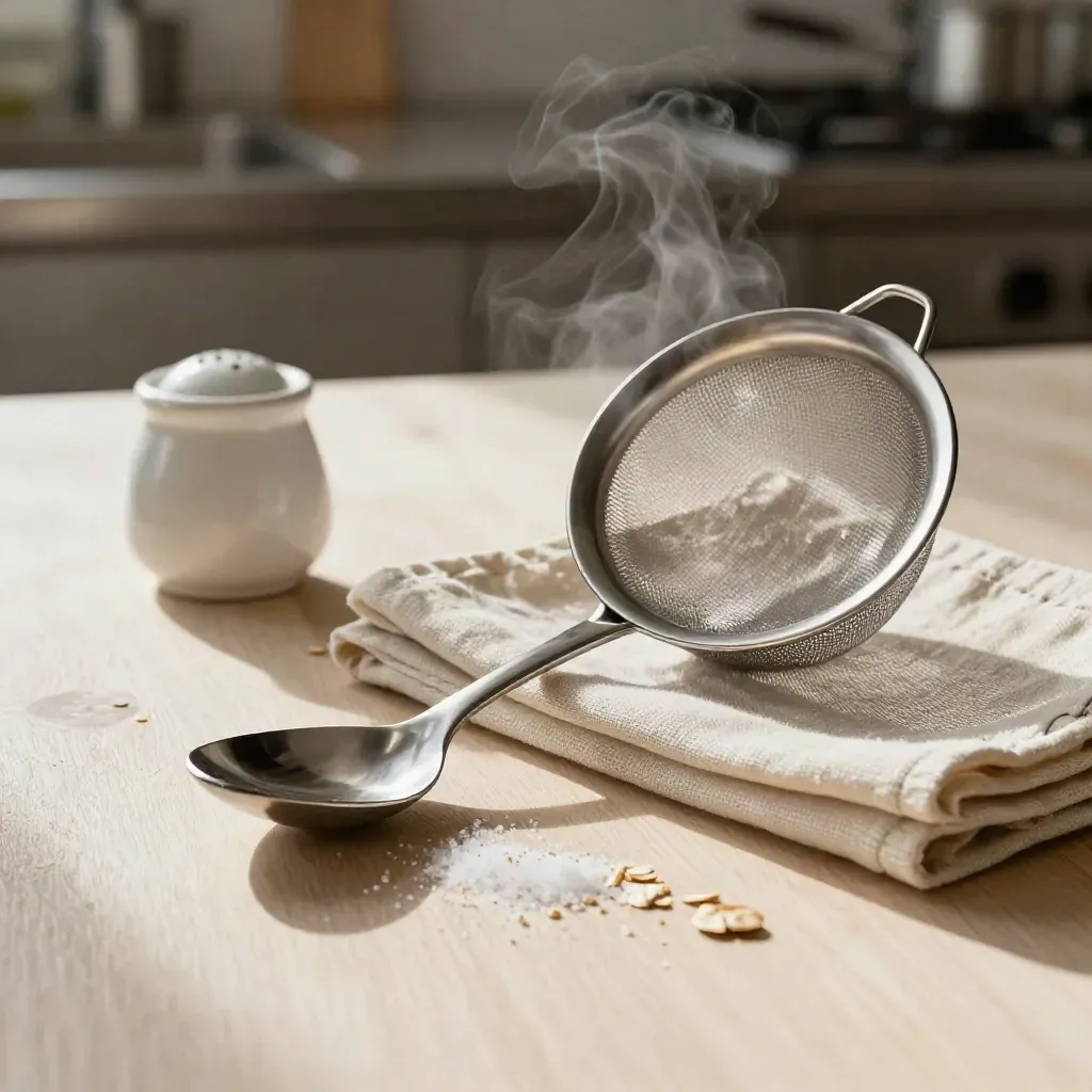 Brushed spoon, mesh sieve, salt cellar and linen on pale wood with steam and crumbs