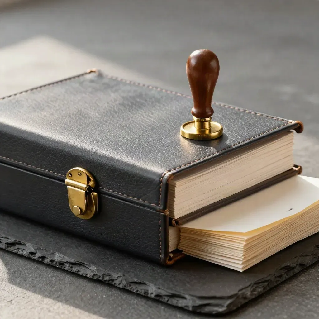 Legal case file box, brass clasp, ledger spine, and wax seal press on slate