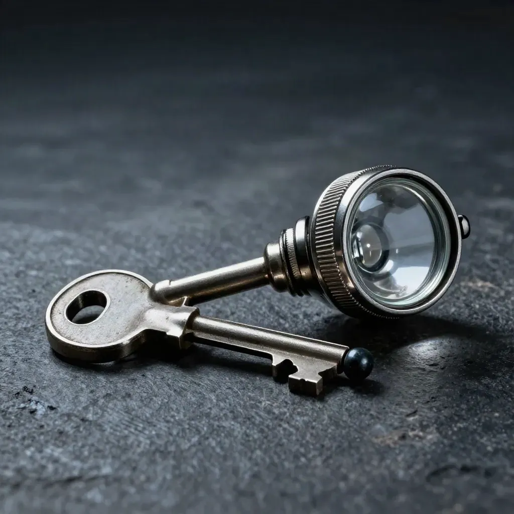 Rail signal key, locking pin, and maintenance lamp lens on brushed stone in dramatic studio light.