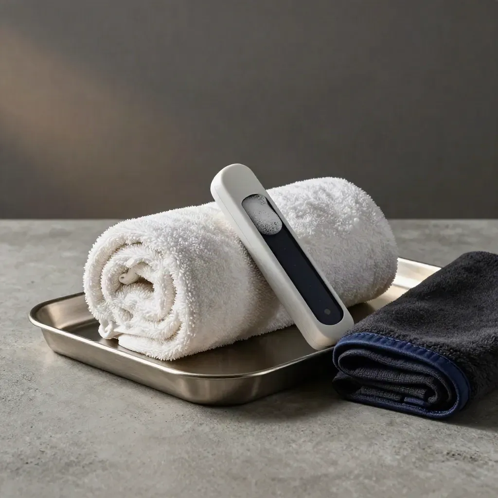 Care tray, towel, thermometer case, and blanket edge on concrete in dramatic grey light.