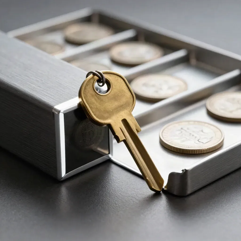 Brass banking key ring, security token and coin tray on brushed metal with soft rim light.