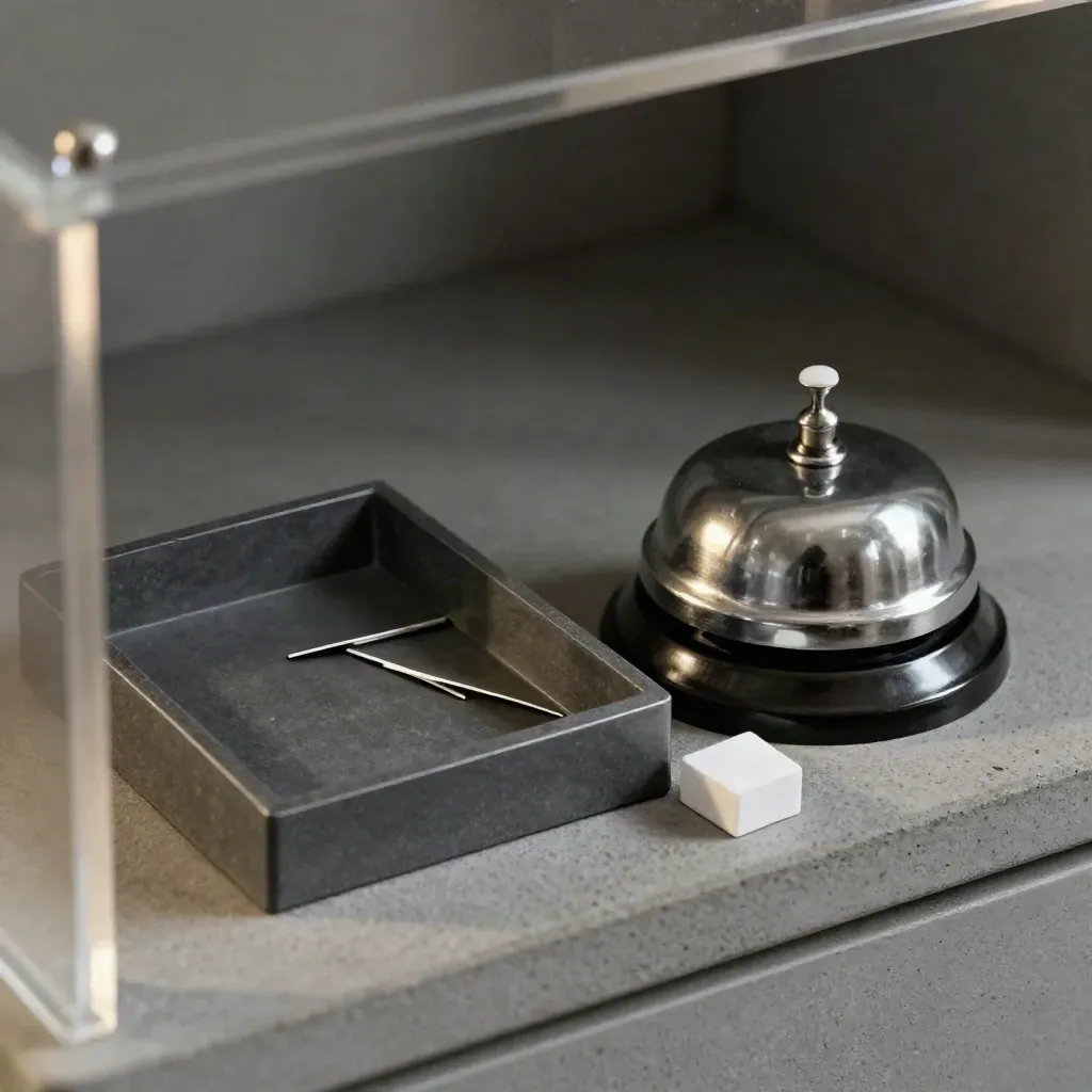 Graphite message tray, desk bell and envelope divider in a moody office macro.