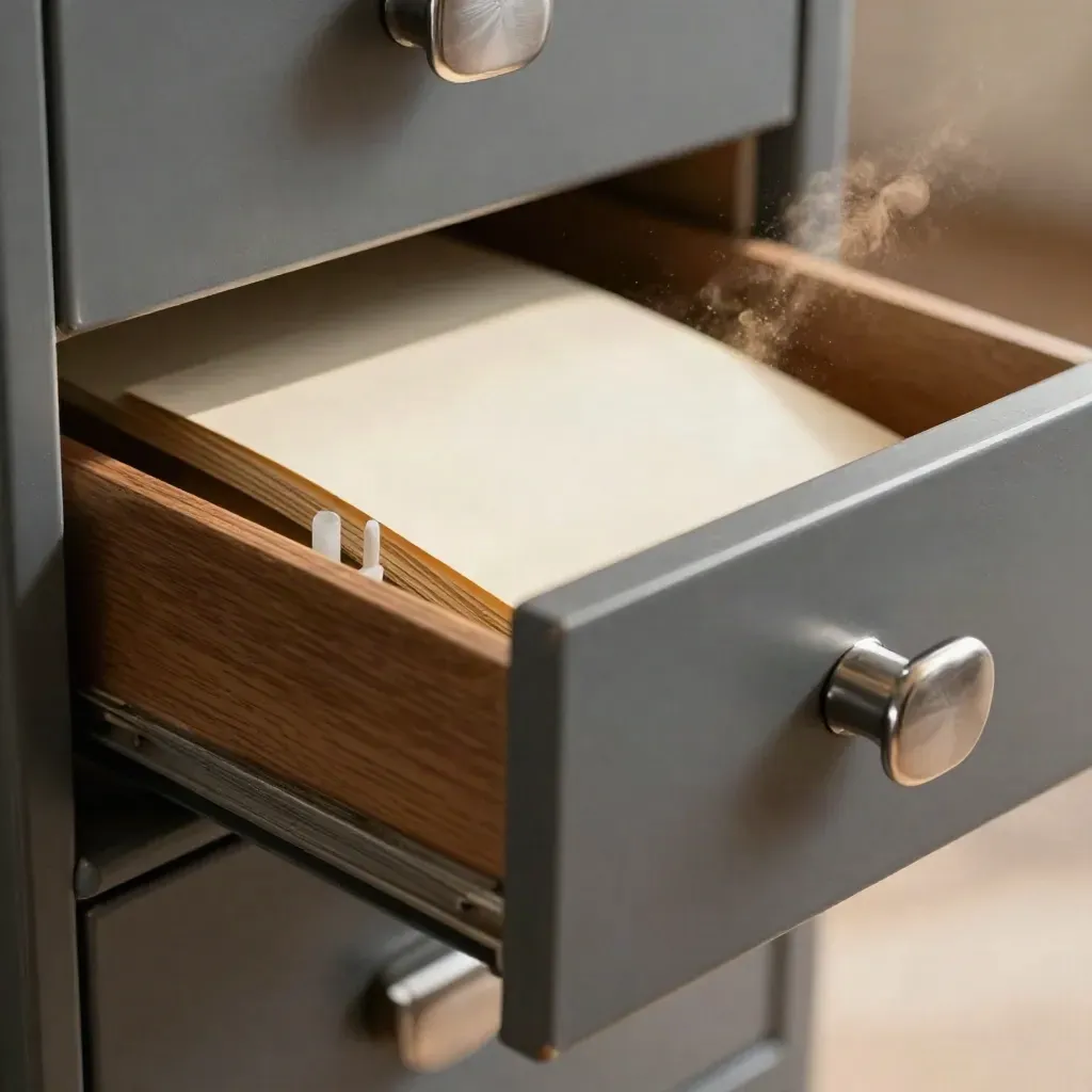 Open library catalogue drawer with blank cards, steel pull and dividers in soft macro light.