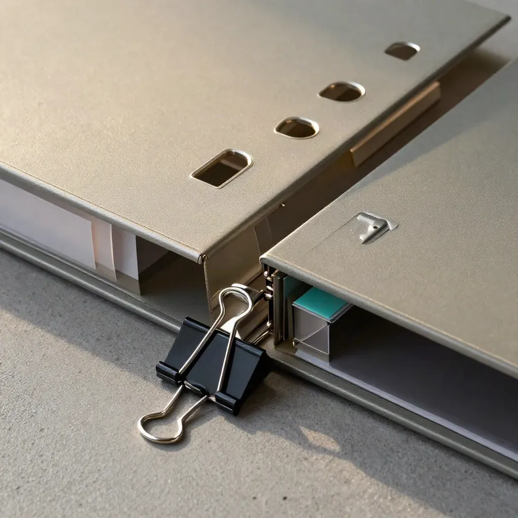 Top-down macro of an open office binder with dividers, clips, and an archive label holder.