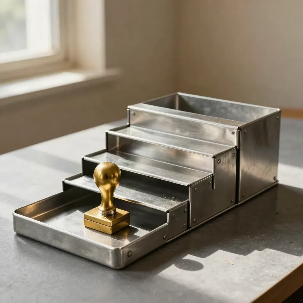 Mail-sort bins, brass routing stamp and metal trays in a premium workflow still life.