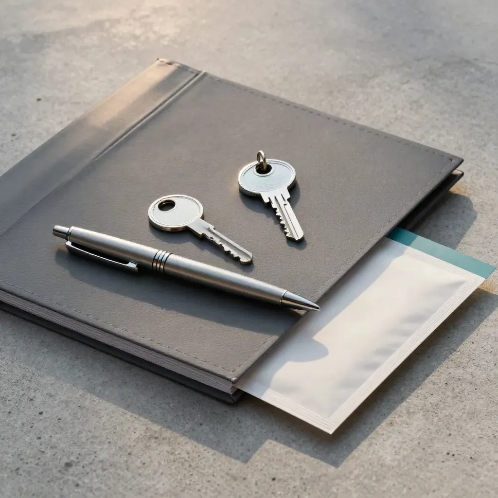 Onboarding kit with folder, badge reel, pen cap and sealed packet on concrete.