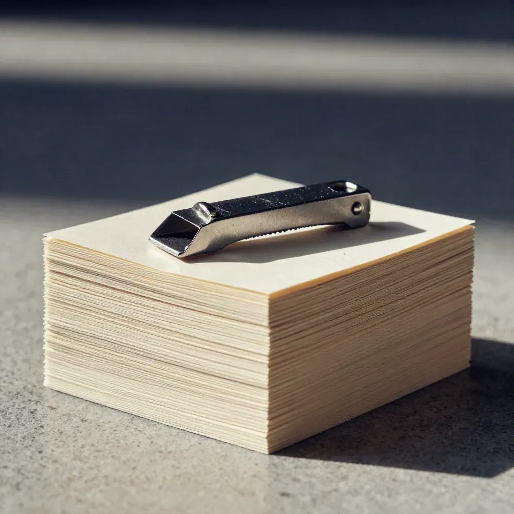 Macro still life of summary cards compressed by a paper knife and weight bar on stone.