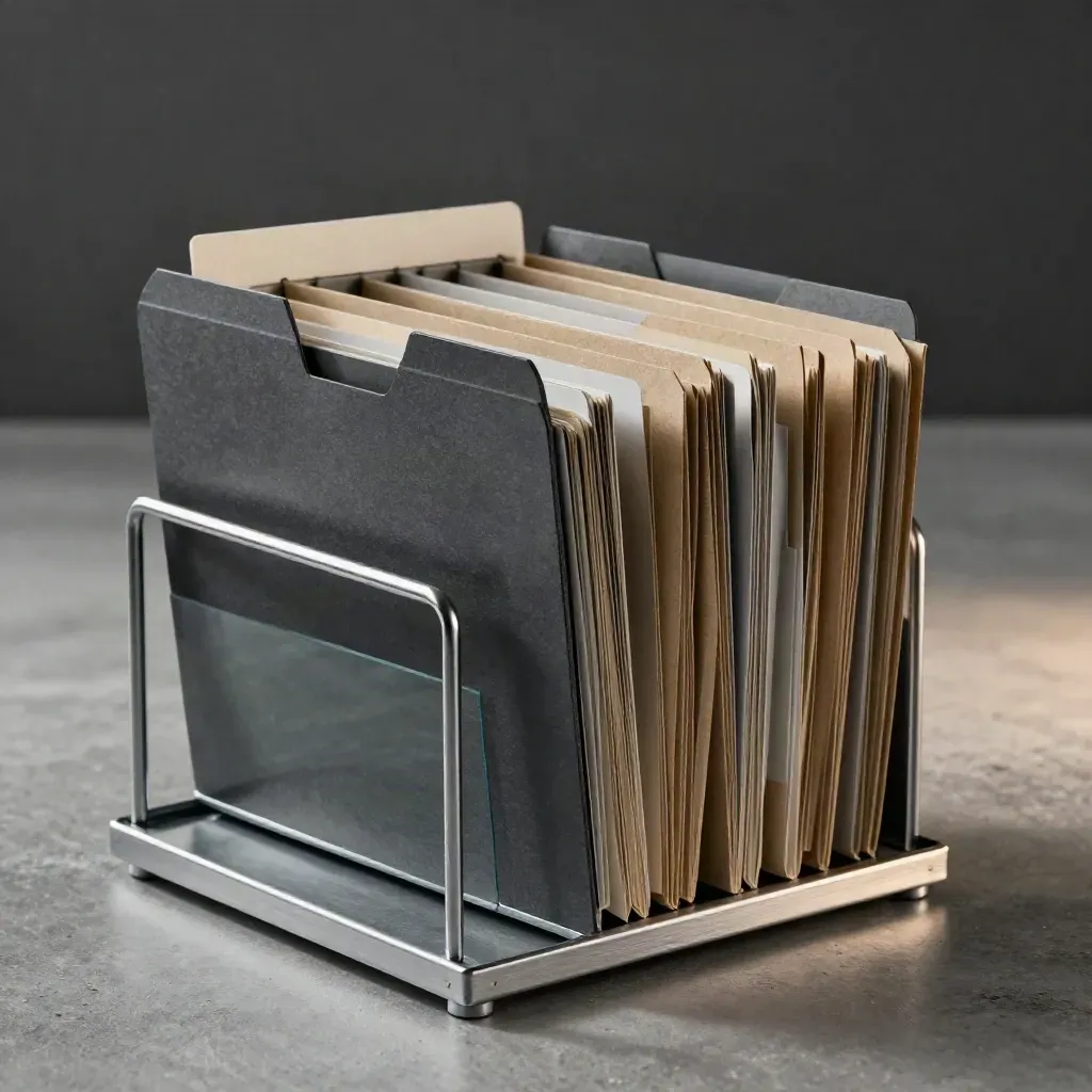 SOP folders sliding from a steel rack, seen through blurred safety glass in a warehouse aisle.