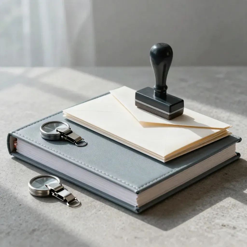 Binder, badge reels, envelopes and a rubber stamp behind frosted glass on stone.