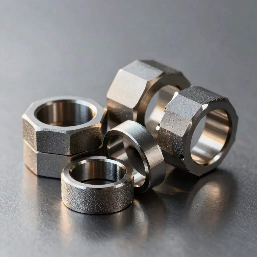 Graphite connector rings and modules on brushed metal, lit dramatically in a premium still life