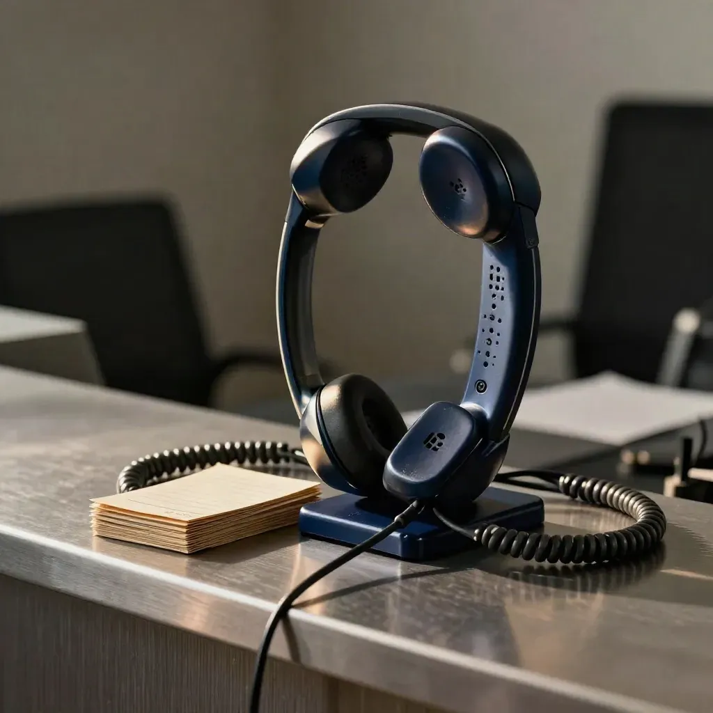 Close-up of a headset stand, handset, call log cards and coiled cable on a dark office ledge.
