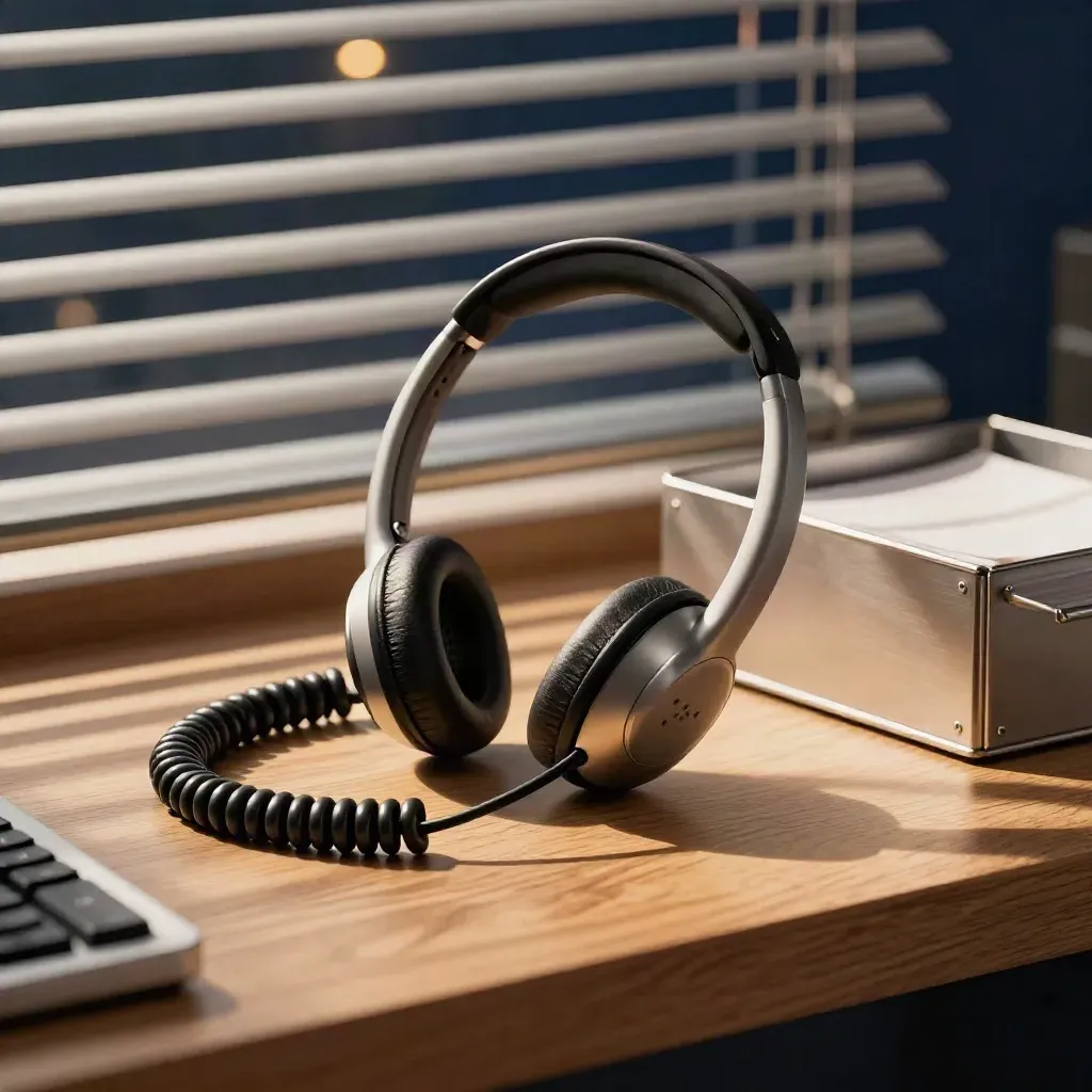 Headset cradle, handset and coiled cord on a honey-oak ledge seen through blurred blind slats