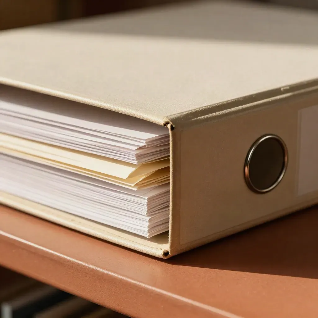 Macro of a compliance binder closing over file clips beside an archive box corner and dividers.