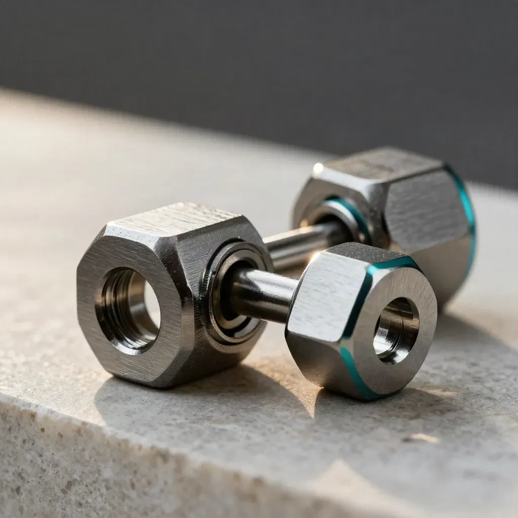Macro of graphite precision couplers, hex pin and spacer on pale stone with teal accent