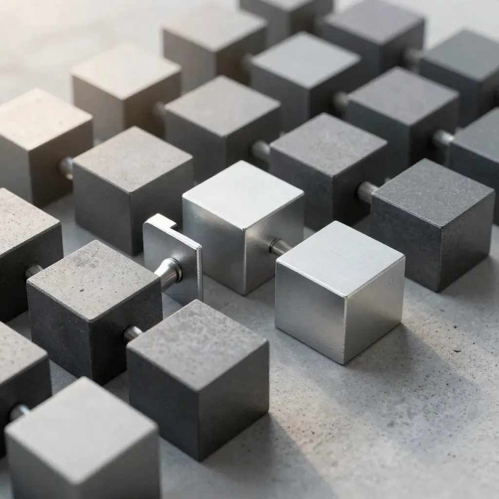 Matte graphite cubes and silver spacers on concrete, lit by raking light