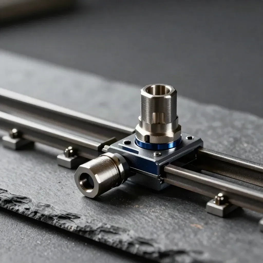 Graphite rail connectors and brackets locking together on slate with soft smoke.