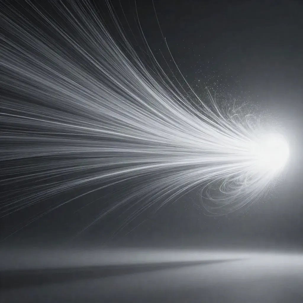 Silver particle streams converge into a soft white bloom in graphite space.